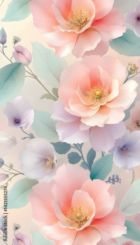 Delicate watercolor-style floral design with soft pastel tones of pale pink, lavender, and mint green, seamlessly repeating, creating a peaceful, feminine background perfect for your phone.
