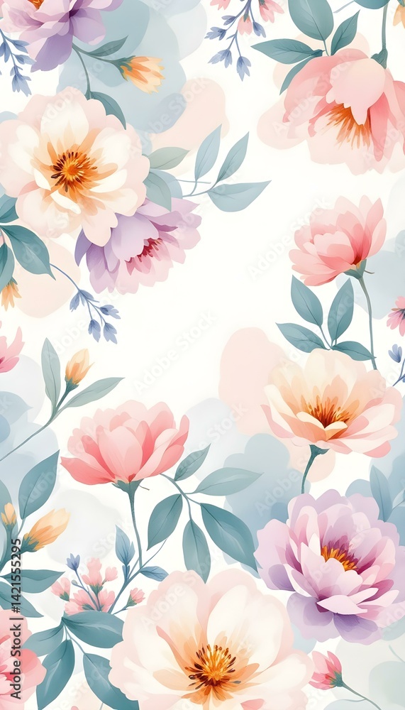 Delicate watercolor-style floral design with soft pastel tones of pale pink, lavender, and mint green, seamlessly repeating, creating a peaceful, feminine background perfect for your phone.