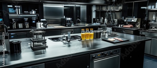 Obraz na płótnie Sleek, modern kitchen with stainless steel countertops, professional appliances, and prepared food w salonie