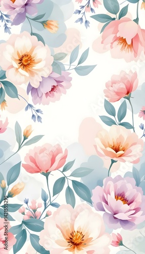 Obraz na płótnie Delicate watercolor-style floral design with soft pastel tones of pale pink, lavender, and mint green, seamlessly repeating, creating a peaceful, feminine background perfect for your phone.
w salonie