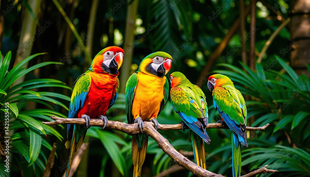 Obraz premium Vibrant Macaws Perched on Branch in Lush Tropical Rainforest