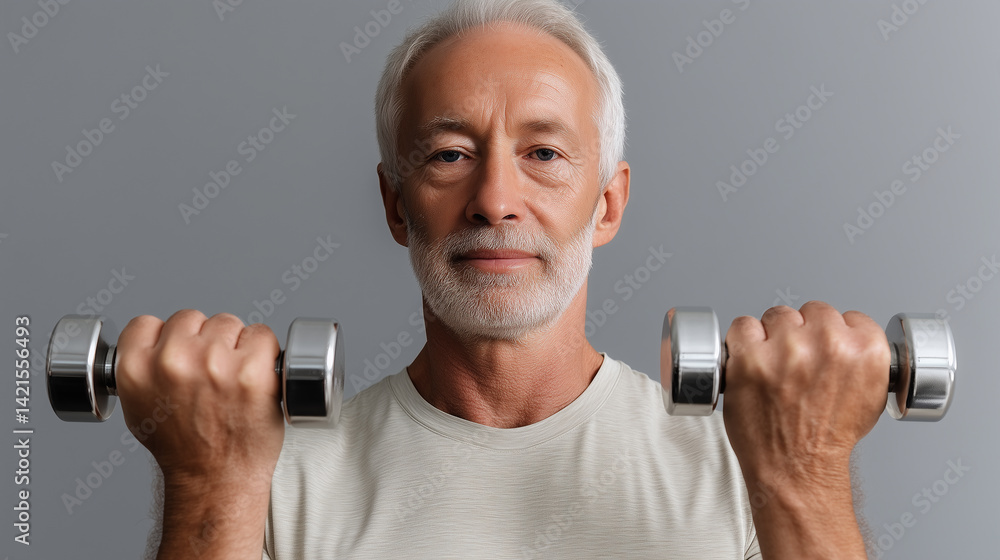 Elderly man exercises with light dumbbells in a neutral setting promoting fitness and well-being Elderly man exercises with light dumbbells in a neutral setting promoting fitness and well-being