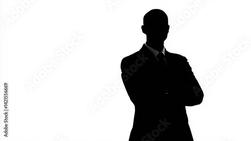 Silhouette of a businessman standing confidently against a white background while wearing a suit and tie