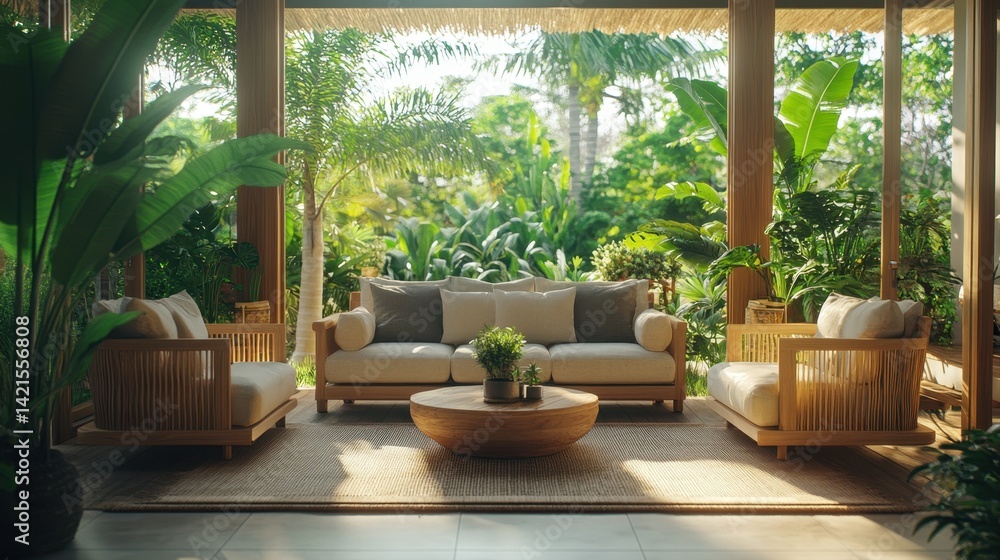 Bright and Airy Eco-Friendly Living Space Surrounded by Lush Greenery and Tropical Plants Bright and Airy Eco-Friendly Living Space Surrounded by Lush Greenery and Tropical Plants