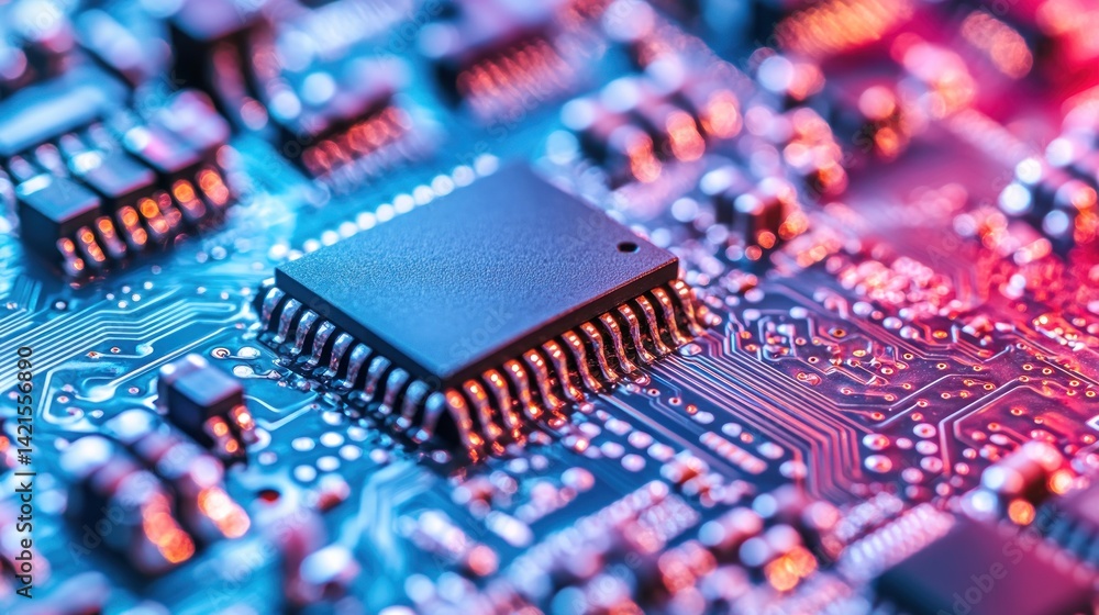 Close-up of a complex circuit board with a central microprocessor chip. Intricate pathways and connections are visible. The vibrant colors highlight the intricate design and technology