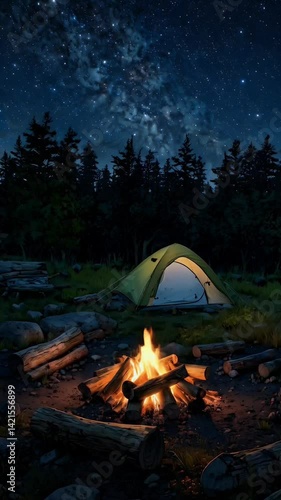 Night camping with campfire under Milky Way