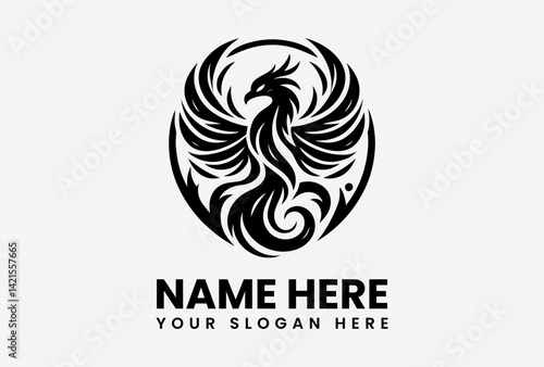 Black phoenix bird vector logo with wide spread wings, elegant mythical creature emblem in bold silhouette style