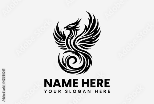 Minimalist black phoenix bird logo vector, wide wings mythical firebird design with clean and modern style