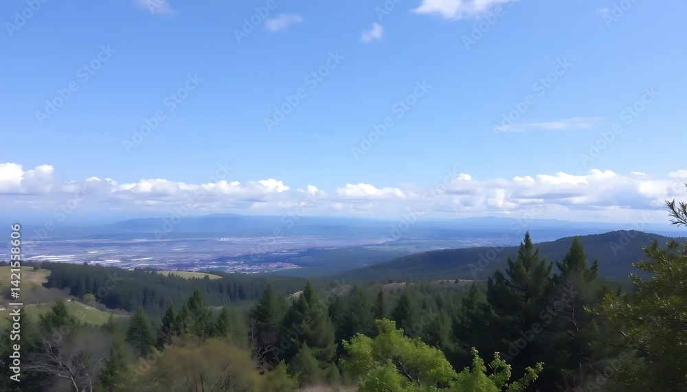 Serene mountain landscape with sprawling forests and a distant city view Serene mountain landscape with sprawling forests and a distant city view