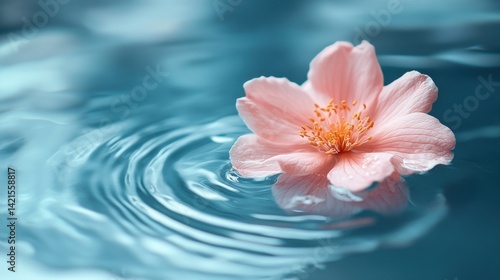 Delicate Pink Flower Floating on Calm Water Surface with Gentle Ripples in Soft Natural Light
