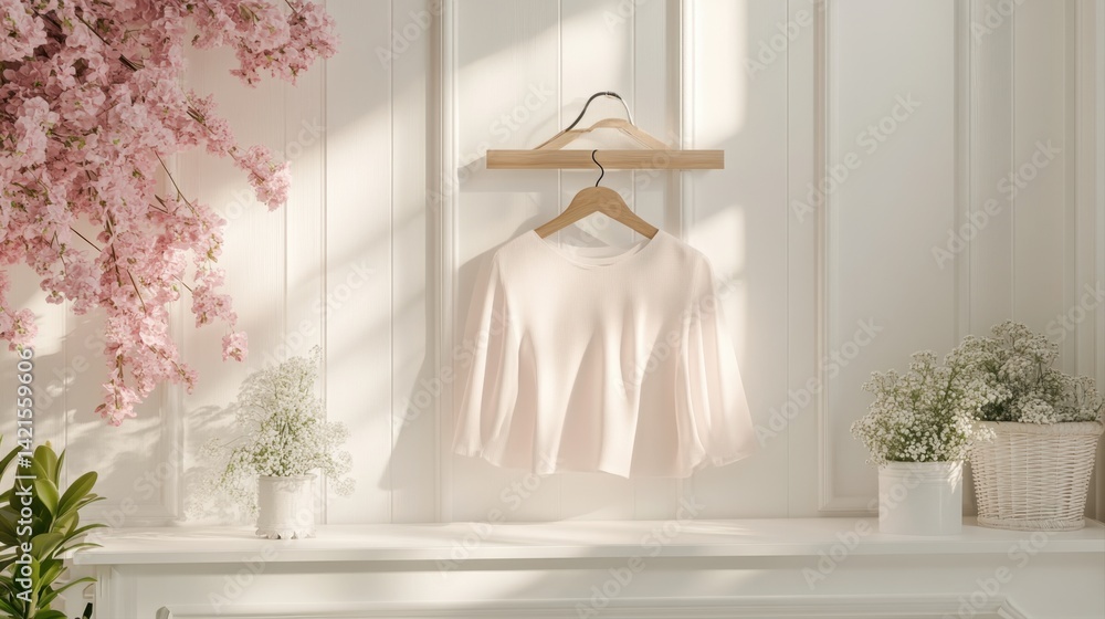Soft Beige Top Hang on Wooden Hanger in Elegant Indoor Space with Natural Light and Floral Decor Soft Beige Top Hang on Wooden Hanger in Elegant Indoor Space with Natural Light and Floral Decor