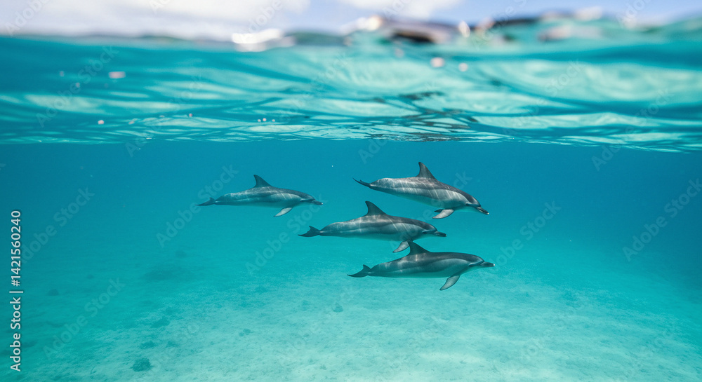 Fototapeta premium Dolphins Swimming Underwater in Clear Blue Ocean Water