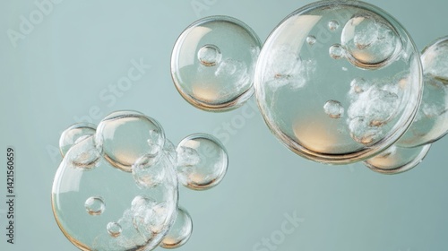 Floating, transparent bubbles against a light teal background.  Detailed,  close-up view of the bubble structure