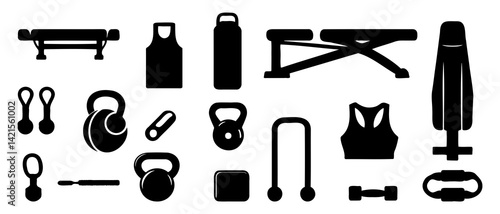 Gym Instruments Silhouette Black Filled Work Out Equipment's - Vector Illustration Icon Design Elements.
