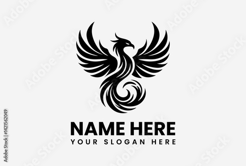 Majestic black phoenix with spread wings rising from flames, mythical rebirth emblem for powerful branding