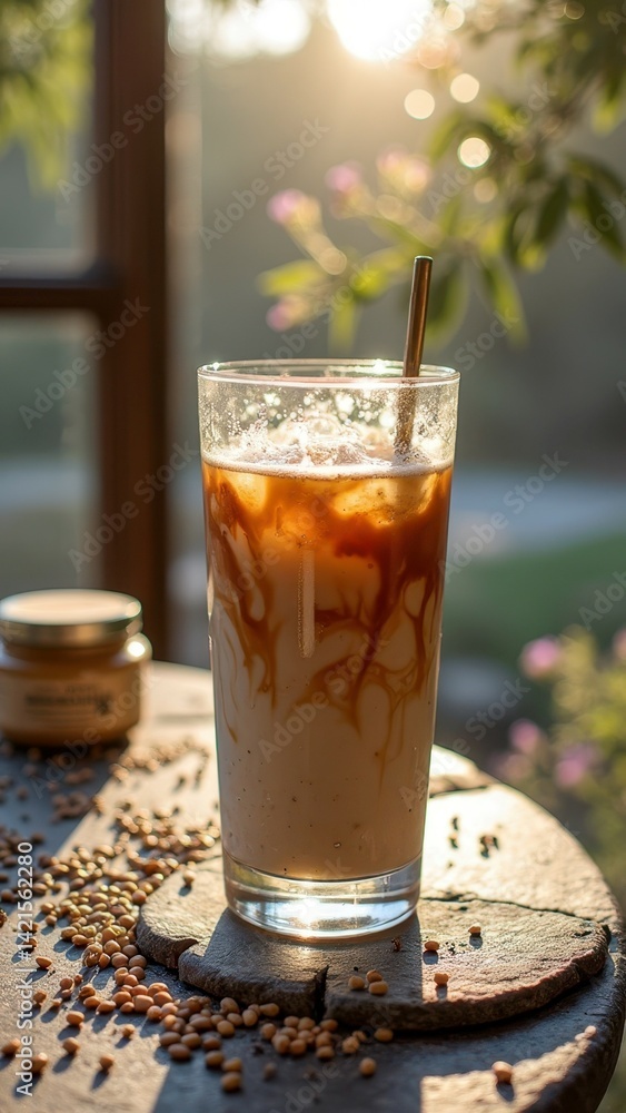 Refreshing iced coffee drink with straw on rustic table at sunrise