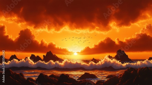 A stunning sunset over a rocky coastline, with vibrant orange clouds and waves crashing against the shore, creating a serene and picturesque scene.