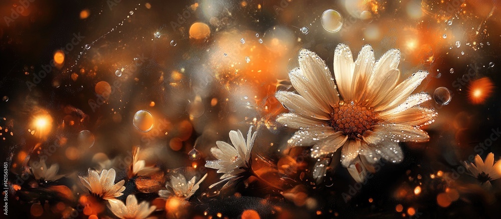 Dew-kissed flowers in warm, bokeh-filled setting