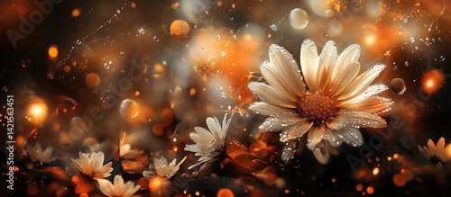 Dew-kissed flowers in warm, bokeh-filled setting