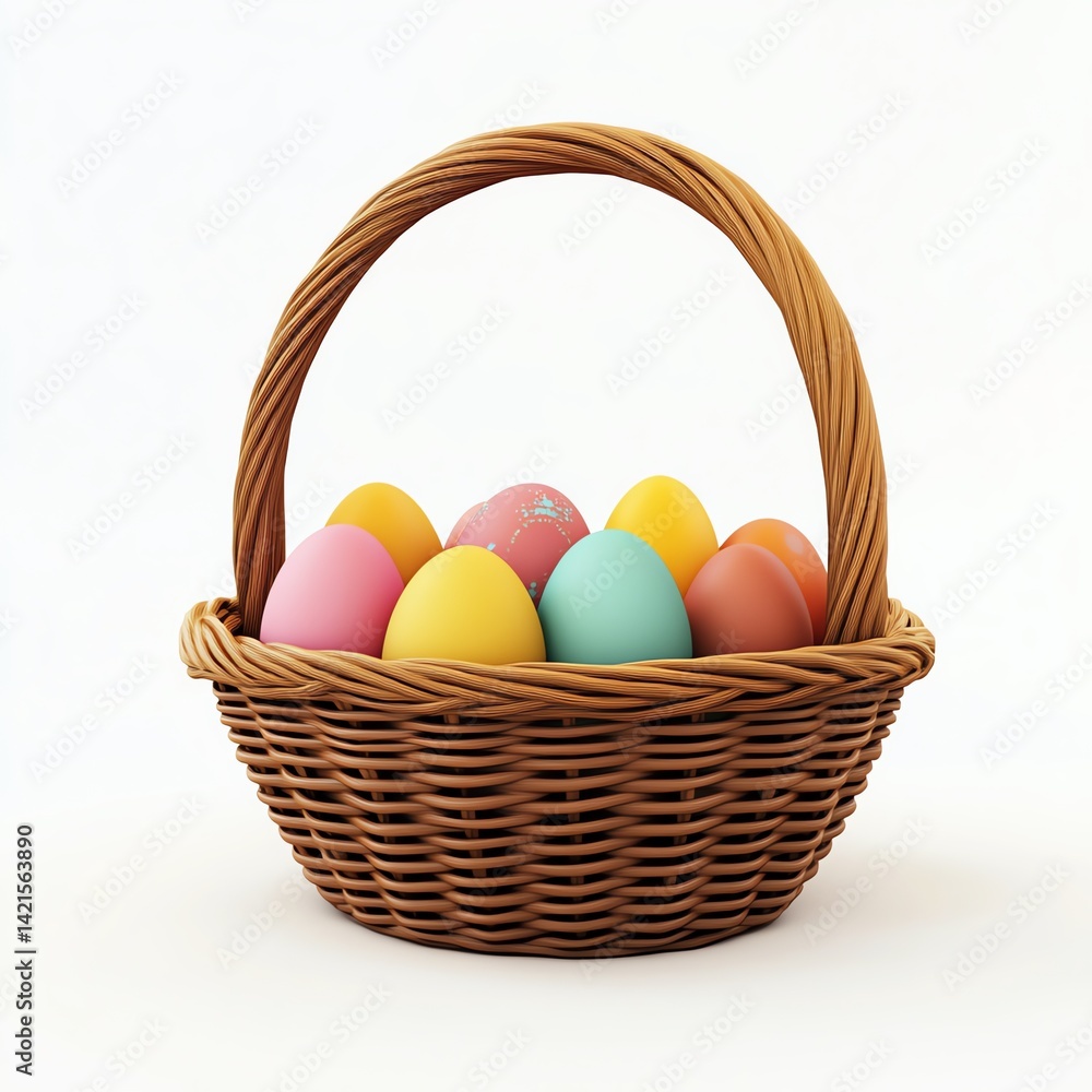 Naklejka premium Pastel Easter eggs nestled in a woven wicker basket, a springtime celebration of new beginnings and joyful festivities.