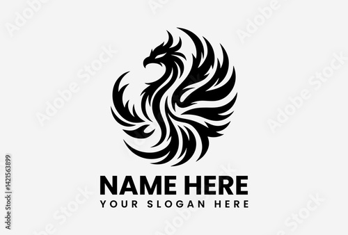 Sleek black phoenix silhouette with geometric wing details, modern and minimalist emblem for luxury brands