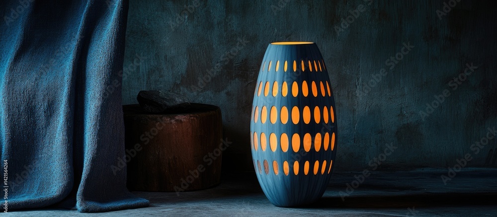 Illuminated, patterned vase on dark backdrop