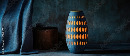 Obraz na płótnie Illuminated, patterned vase on dark backdrop w salonie