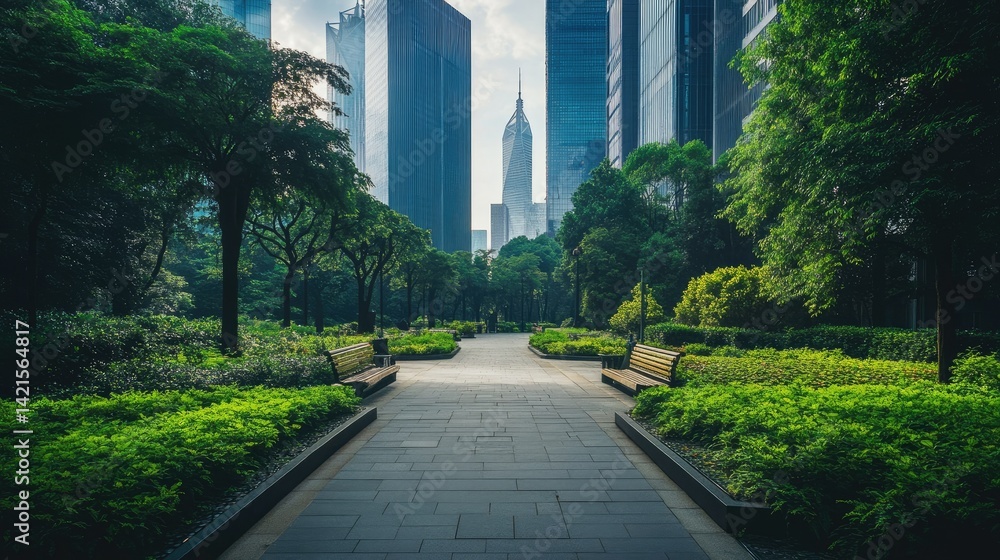Urban park pathway amidst modern skyscrapers. Lush greenery lines a paved walkway, leading to a backdrop of towering city buildings. Peaceful, urban oasis