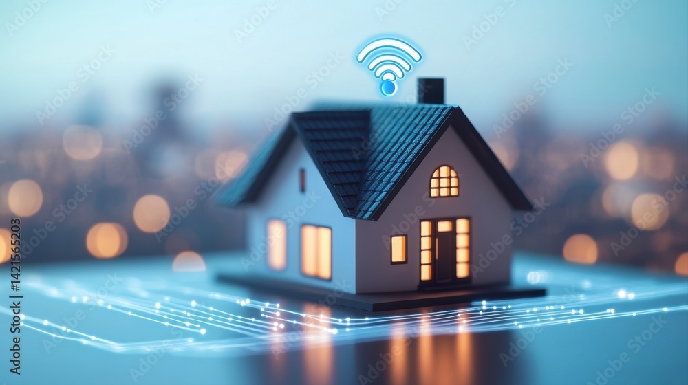 Smart Home Technology Concept with Wi-Fi Symbol and City Background in Soft Focus at Dusk Smart Home Technology Concept with Wi-Fi Symbol and City Background in Soft Focus at Dusk