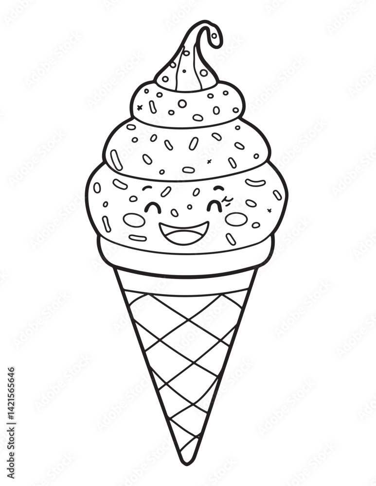 Kawaii Ice Cream Cone with Cherry – Sweet Dessert Coloring Page Kawaii Ice Cream Cone with Cherry – Sweet Dessert Coloring Page