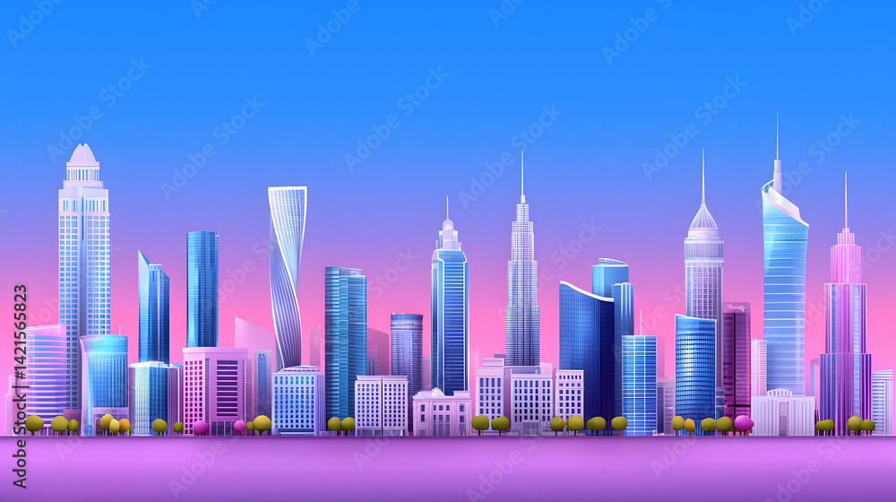 Obraz premium Modern City Skyline at Sunset with Pink and Purple Hues