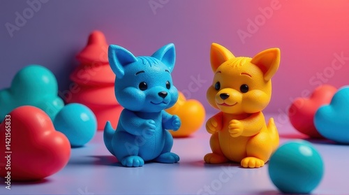 Colorful cartoon puppies with heart-shaped decorations and bubbles in playful setting. 3d printed