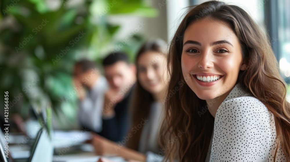 Smiling woman in a group setting. Friendly colleagues focused on work