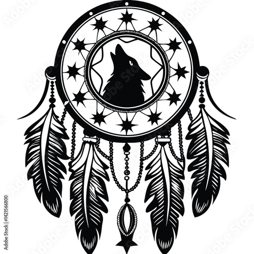 Mystical wolf silhouette designs in nature scenes with spiritual, emotional and tribal elements vector illustration