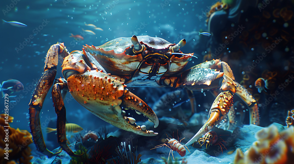 A vibrant, armored crab brandishes its claws in a powerful stance on the reef, surrounded by colorful coral and marine life, exuding dominance and ancient strength in the clear blue depths. A vibrant, armored crab brandishes its claws in a powerful stance on the reef, surrounded by colorful coral and marine life, exuding dominance and ancient strength in the clear blue depths.