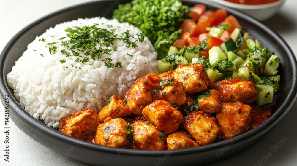 A hearty plate of chicken curry accompanied by fluffy rice and a refreshing salad of diced vegetables, perfect for anyone craving a wholesome and satisfying meal. A hearty plate of chicken curry accompanied by fluffy rice and a refreshing salad of diced vegetables, perfect for anyone craving a wholesome and satisfying meal.