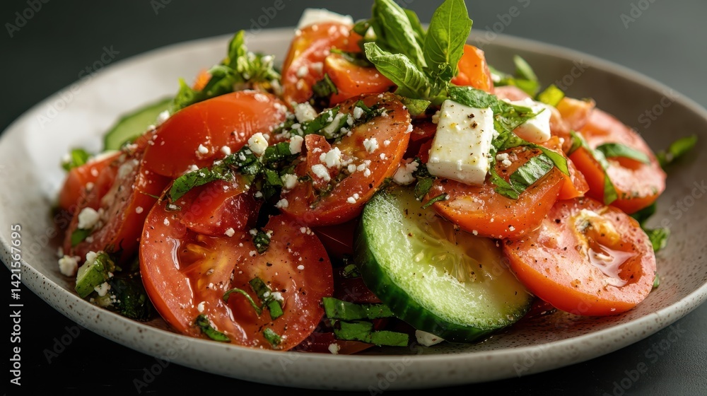 A beautifully arranged tomato salad enhanced by fresh mint and feta cheese, making it an ideal refreshing dish for hot weather and gatherings. A beautifully arranged tomato salad enhanced by fresh mint and feta cheese, making it an ideal refreshing dish for hot weather and gatherings.