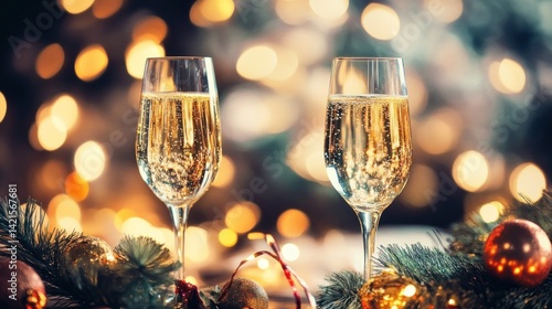 Obraz na płótnie Festive champagne flutes amidst glowing lights and ornaments w salonie