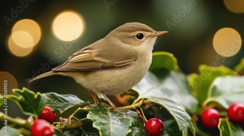 A small beautiful bird perched on vibrant holly leaves with bright red berries in a festive atmosphere