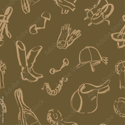 Outline seamless pattern with horseback riding items, hand drawn illustration, fabric design