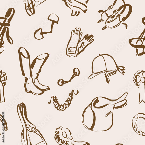 Outline seamless pattern with horseback riding items, hand drawn illustration, fabric design