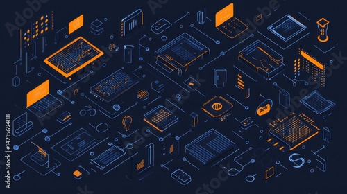 Colorful Abstract Digital Technology Illustration with Geometric Shapes and Circuit Patterns