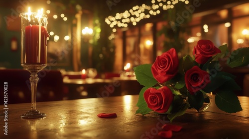 Candlelit romantic dinner with red roses and soft lights for a special occasion.