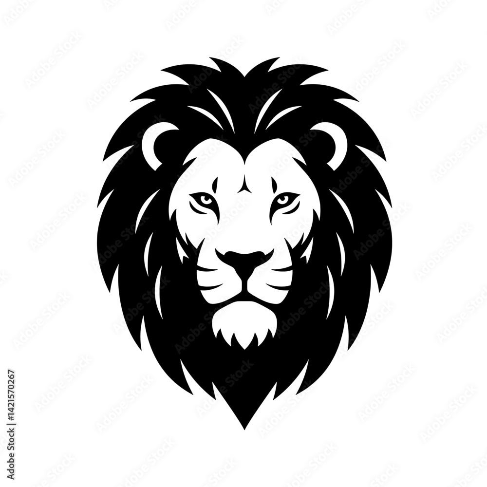 Obraz premium Solid black silhouette vector icon of a lion head with bold mane and strong facial features in flat style