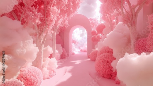 A dreamy pink forest path leads to a magical archway. Explore the soft clouds and fluffy trees surrounding this enchanting scene.