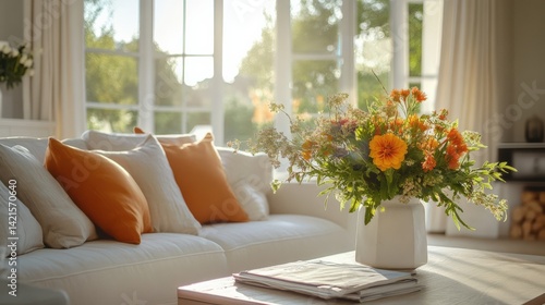 Bright Living Room with Colorful Flowers and Cozy Sofa