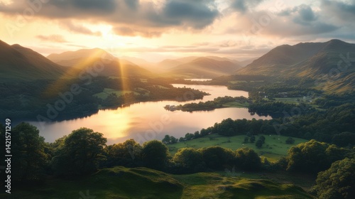 Breathtaking Sunset Over a Serene Lake and Lush Green Mountains