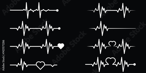 heart rhythm set, Electrocardiogram, ECG - EKG signal, Heart Beat pulse line concept design isolated on black background