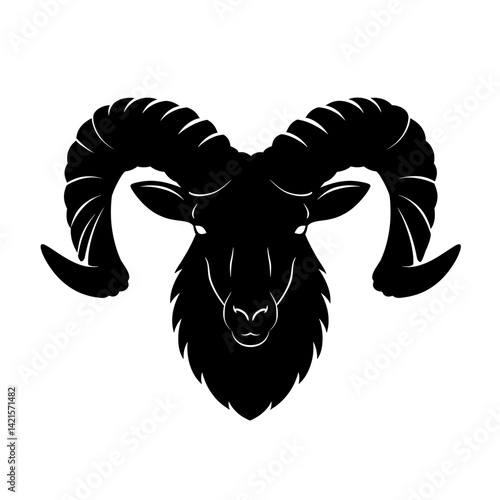 Solid black silhouette vector icon of a ram head with curved spiral horns and compact shape in flat minimal style