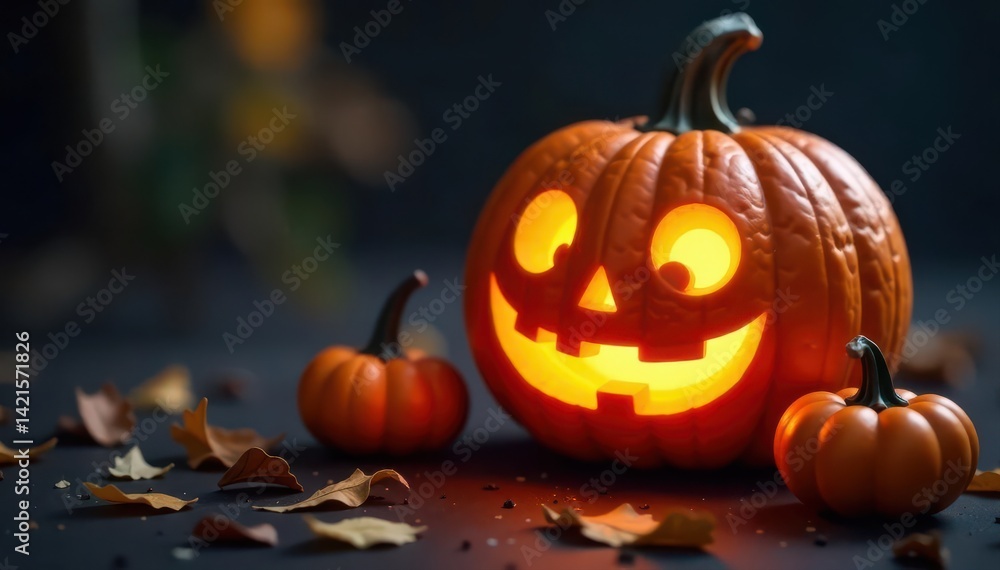 Fototapeta premium Carved pumpkin face, glowing embers, small gourds Trick or treat!, harvest, autumn